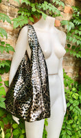 CHEETAH print slouch bag. Leopard print genuine leather bag with ZIPPER. Dark silver metallic leather. Animal print genuine leather purse.