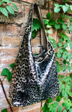 CHEETAH print slouch bag. Leopard print genuine leather bag with ZIPPER. Dark silver metallic leather. Animal print genuine leather purse.