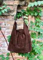 Slouch leather bag in dark brown. Brown suede hobo shoulder bag. Boho bag. Book or tablet bags in suede. BROWN suede purse. Leather shopper