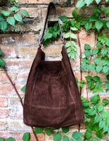 Slouch leather bag in dark brown. Brown suede hobo shoulder bag. Boho bag. Book or tablet bags in suede. BROWN suede purse. Leather shopper