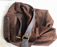 Slouch leather bag in dark brown. Brown suede hobo shoulder bag. Boho bag. Book or tablet bags in suede. BROWN suede purse. Leather shopper