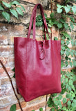 Tote leather bag in burgundy. Dark red leather shopper + zipper.GENUINE leather. Large terracotta - wine red purse for your laptop, books...