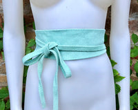 Aqua green suede OBI belt. Light green natural soft suede waist belt. Light mint green boho belt, green wraparound genuine leather belt.