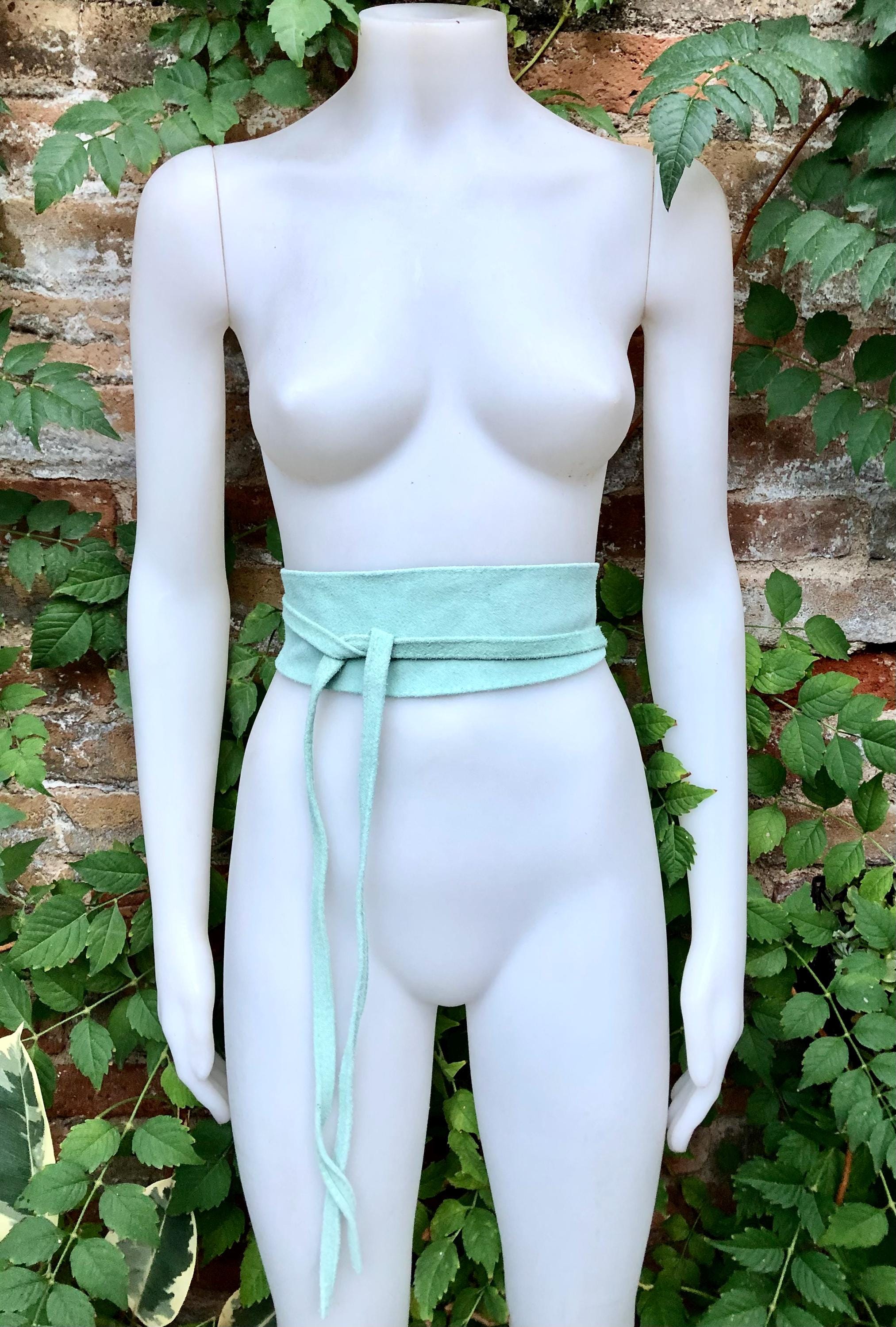 Aqua green suede OBI belt. Light green natural soft suede waist belt. Light mint green boho belt, green wraparound genuine leather belt.