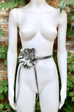 Flower leather belt in SILVER. Waist, overall or dress belt. Genuine leather. SILVER rose belt. Large SILVER flower.