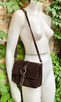 Dark BROWN suede bag. Genuine leather chocolate crossbody bag. Small leather bag with adjustable strap and zipper. Dark brown suede purse.