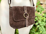 Dark BROWN suede bag. Genuine leather chocolate crossbody bag. Small leather bag with adjustable strap and zipper. Dark brown suede purse.