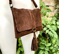 Brown suede crossbody bag.Boho leather bag in dark brown genuine suede leather.Messenger bag with flap, zipper and tassel. Brown suede purse