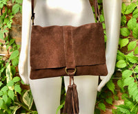 Brown suede crossbody bag.Boho leather bag in dark brown genuine suede leather.Messenger bag with flap, zipper and tassel. Brown suede purse