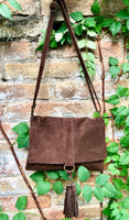 Brown suede crossbody bag.Boho leather bag in dark brown genuine suede leather.Messenger bag with flap, zipper and tassel. Brown suede purse