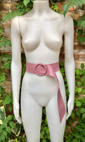 Raspberry pink leather waist belt with large round buckle. Soft leather belt in pink. Genuine leather pink dress belt. Pink wide waist belt