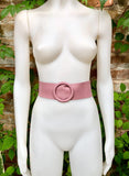 Raspberry pink leather waist belt with large round buckle. Soft leather belt in pink. Genuine leather pink dress belt. Pink wide waist belt