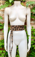 CHEETAH print suede OBI belt.Wrap belt in natural brown + black suede. Genuine leather panther waist belt. Animal print wraparound boho belt