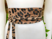 CHEETAH print suede OBI belt.Wrap belt in natural brown + black suede. Genuine leather panther waist belt. Animal print wraparound boho belt