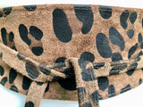 CHEETAH print suede OBI belt.Wrap belt in natural brown + black suede. Genuine leather panther waist belt. Animal print wraparound boho belt