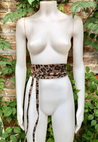 CHEETAH print suede OBI belt.Wrap belt in natural brown + black suede. Genuine leather panther waist belt. Animal print wraparound boho belt