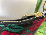 2 sided small BLACK leather bag. Red roses flock print. Crossbody / shoulder bag in GENUINE leather. Black and red leather purse