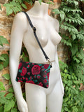 2 sided small BLACK leather bag. Red roses flock print. Crossbody / shoulder bag in GENUINE leather. Black and red leather purse