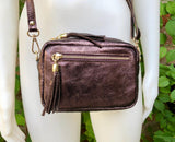 Metallic maroon small leather bag. GENUINE leather shoulder / crossbody bag. Metallic shine dark brown-purple leather bag, adjustable strap.