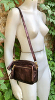 Metallic maroon small leather bag. GENUINE leather shoulder / crossbody bag. Metallic shine dark brown-purple leather bag, adjustable strap.