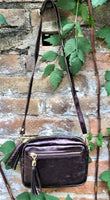 Metallic maroon small leather bag. GENUINE leather shoulder / crossbody bag. Metallic shine dark brown-purple leather bag, adjustable strap.