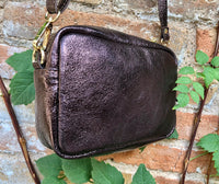 Metallic maroon small leather bag. GENUINE leather shoulder / crossbody bag. Metallic shine dark brown-purple leather bag, adjustable strap.