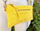 Suede leather bag in yellow. Genuine leather cross body / shoulder bag. Small boho party messenger bag with zipper.Bright yellow suede purse