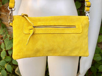 Suede leather bag in yellow. Genuine leather cross body / shoulder bag. Small boho party messenger bag with zipper.Bright yellow suede purse