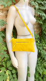 Suede leather bag in yellow. Genuine leather cross body / shoulder bag. Small boho party messenger bag with zipper.Bright yellow suede purse