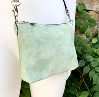 Suede leather bag in light mint green. Sage crossbody / shoulder bag in GENUINE leather. Small aqua green bag. Adjustable strap + zipper.