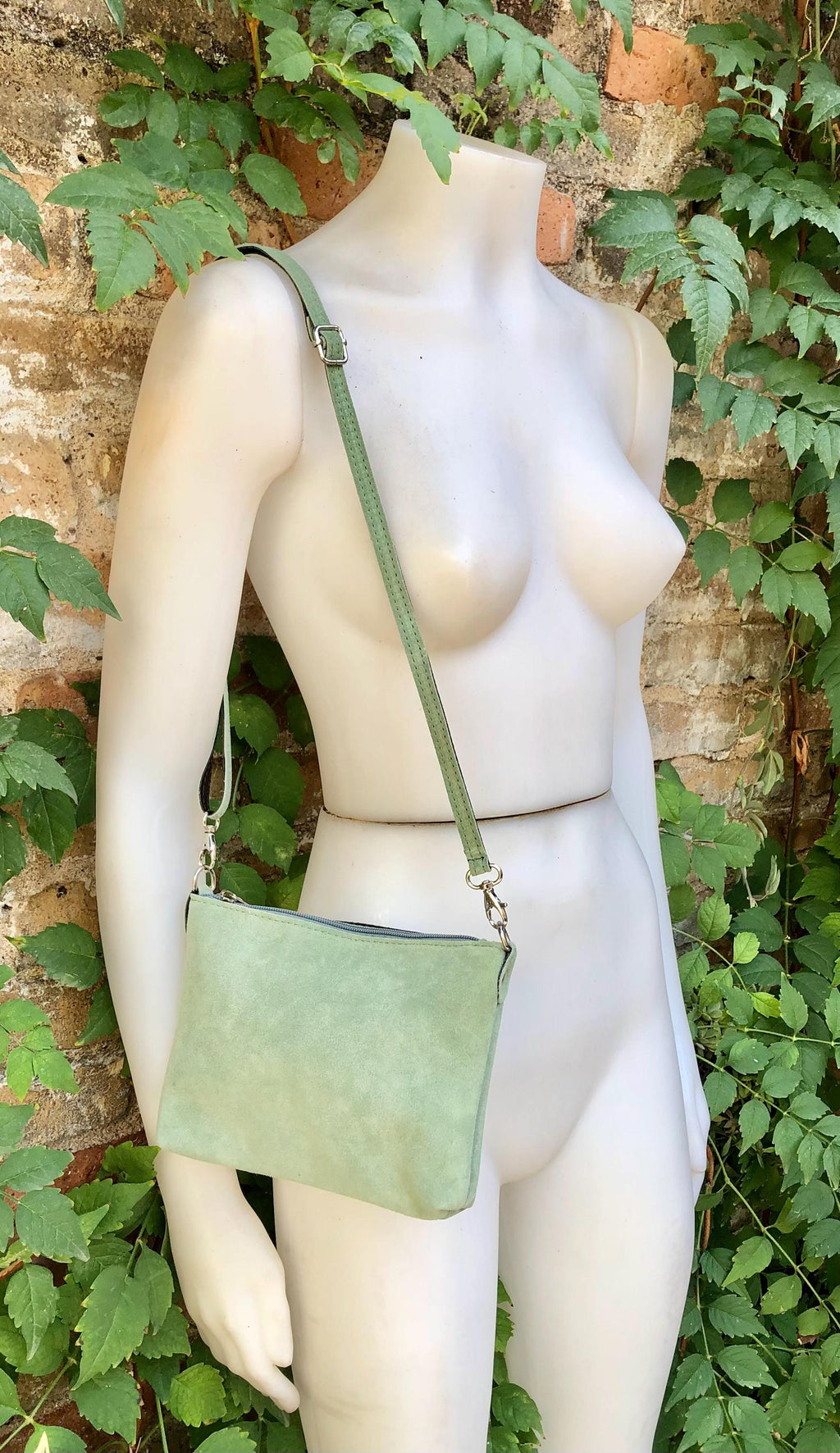 Suede leather bag in light mint -sage green. Sage crossbody / shoulder bag in GENUINE leather. Small l green bag. Adjustable strap + zipper.