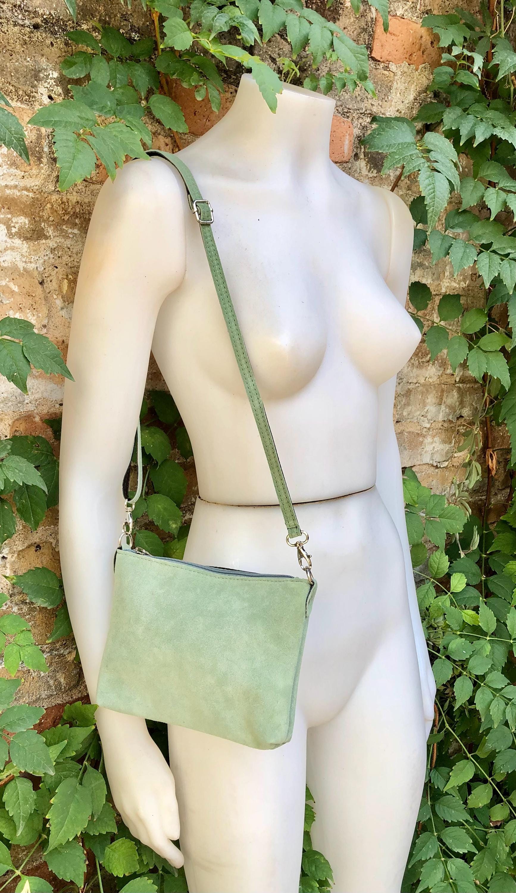 Suede leather bag in light mint -sage green. Sage crossbody / shoulder bag in GENUINE leather. Small l green bag. Adjustable strap + zipper.