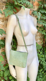 Suede leather bag in light mint green. Sage crossbody / shoulder bag in GENUINE leather. Small aqua green bag. Adjustable strap + zipper.