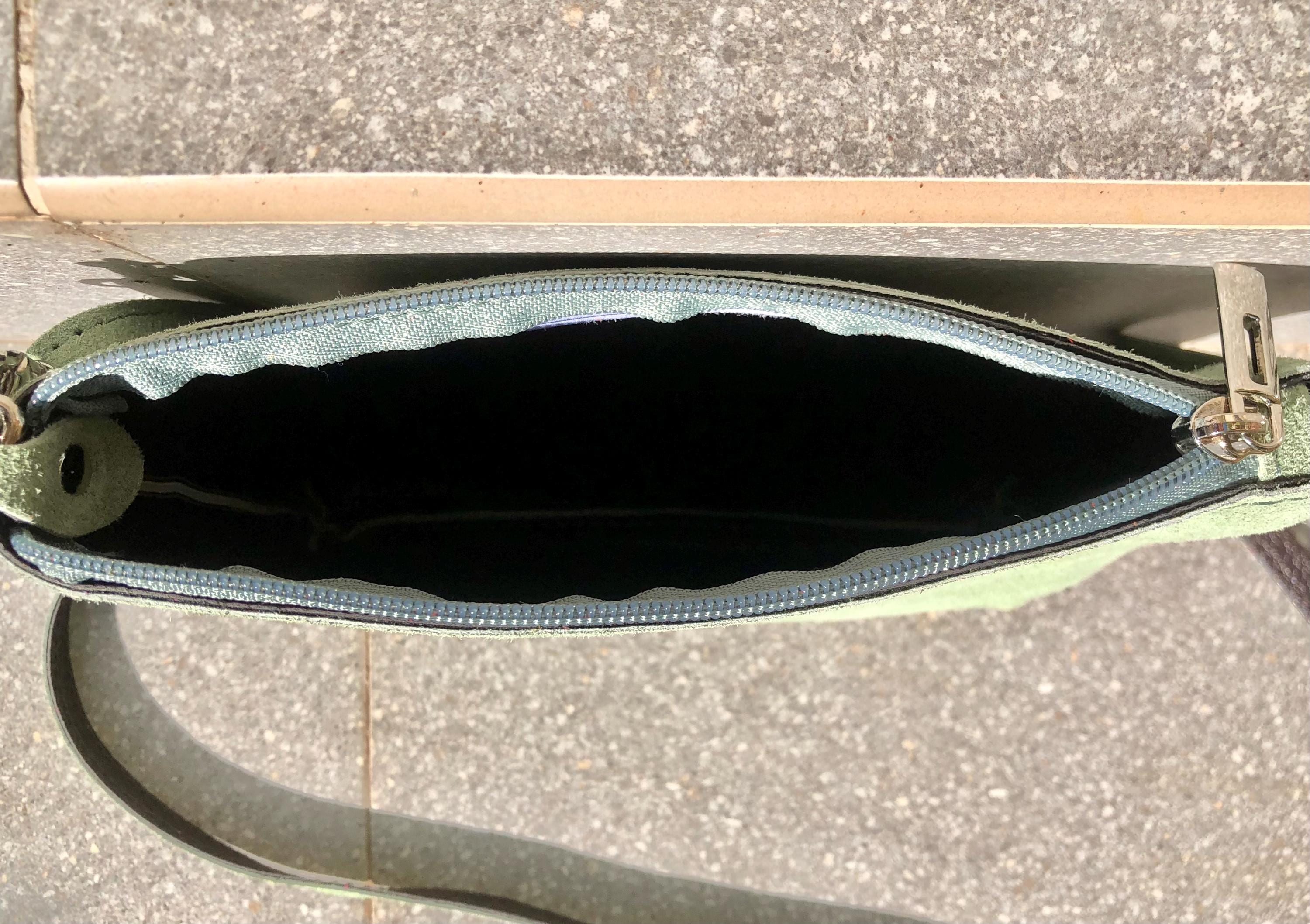 Suede leather bag in light mint -sage green. Sage crossbody / shoulder bag in GENUINE leather. Small l green bag. Adjustable strap + zipper.