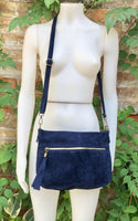 Navy blue suede crossbody / shoulder bag. Dark blue boho genuine leather bag. Soft natural suede leather bag with tassels.Navy suede purse.