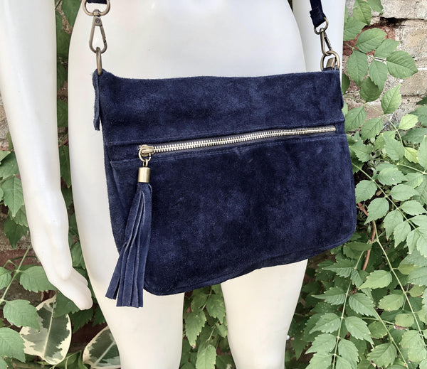 Navy blue suede crossbody / shoulder bag. Dark blue boho genuine leather bag. Soft natural suede leather bag with tassels.Navy suede purse.