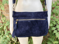Navy blue suede crossbody / shoulder bag. Dark blue boho genuine leather bag. Soft natural suede leather bag with tassels.Navy suede purse.