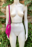 FUCHSIA suede leather bag. GENUINE leather small crossbody / shoulder bag.Adjustable strap + zipper. Hot pink suede purse with tassel.