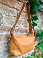 Small camel brown genuine leather bag. Light brown cross body / shoulder bag. Tan leather purse, 2 adjustable straps, closed with a zipper.