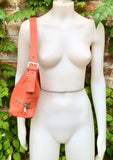 ORANGE genuine leather bag. Cross body / shoulder pumkin color leather purse, 2 adjustable straps, longer + shorter. Closed with a zipper.