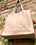 Tote leather bag in dusty pink. Soft natural genuine leather shopper bag. Light pink leather shopper. Pink shoulder bag. Soft pink purse.