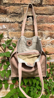 Tote leather bag in dusty pink. Soft natural genuine leather shopper bag. Light pink leather shopper. Pink shoulder bag. Soft pink purse.