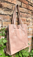 Tote leather bag in dusty pink. Soft natural genuine leather shopper bag. Light pink leather shopper. Pink shoulder bag. Soft pink purse.