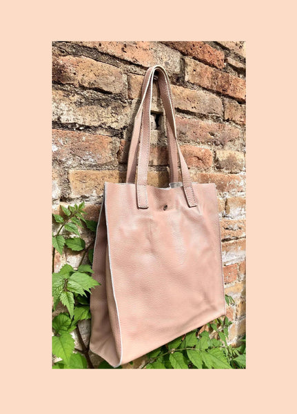 Tote leather bag in dusty pink. Soft natural genuine leather shopper bag. Light pink leather shopper. Pink shoulder bag. Soft pink purse.