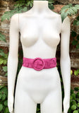 Hot pink suede waist belt with large round buckle. Boho soft suede wide belt. Genuine natural fuchsia pink suede leather. Pink dress belt