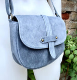 Blue - gray suede bag. Genuine leather denim blue crossbody bag. Small leather bag with adjustable strap and zipper. Blue suede purse