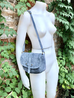 Blue - gray suede bag. Genuine leather denim blue crossbody bag. Small leather bag with adjustable strap and zipper. Blue suede purse