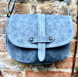 Blue - gray suede bag. Genuine leather denim blue crossbody bag. Small leather bag with adjustable strap and zipper. Blue suede purse