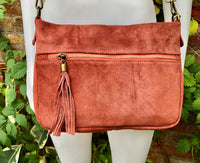 Terracotta orange boho suede leather bag.Soft genuine leather bag with tassel.Dark orange suede crossbody bag. Terracotta orange suede purse