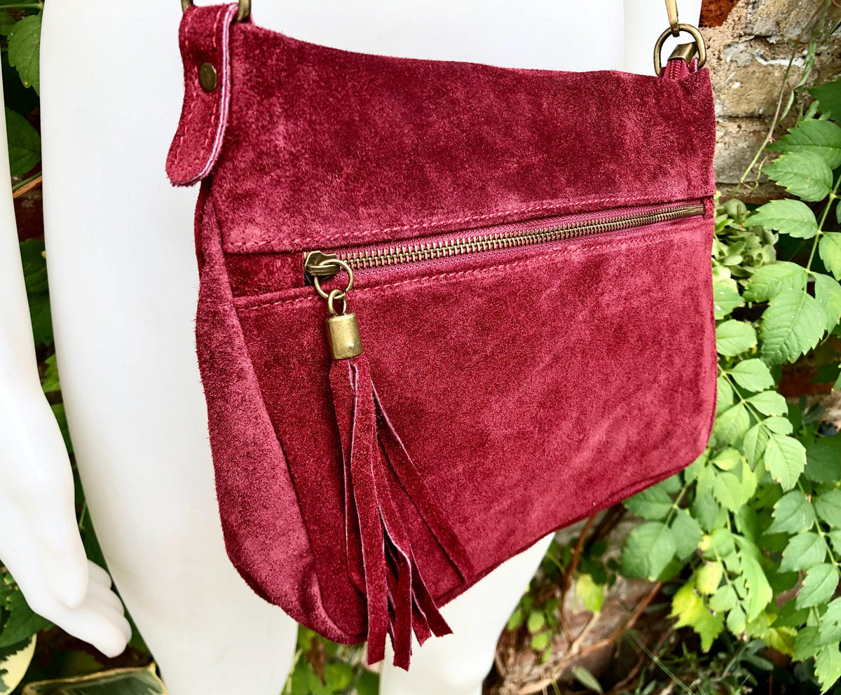 BURGUNDY crossbody suede bag. Genuine leather wine red suede bag with zippers, adjustable strap and tassel. Dark red suede purse.